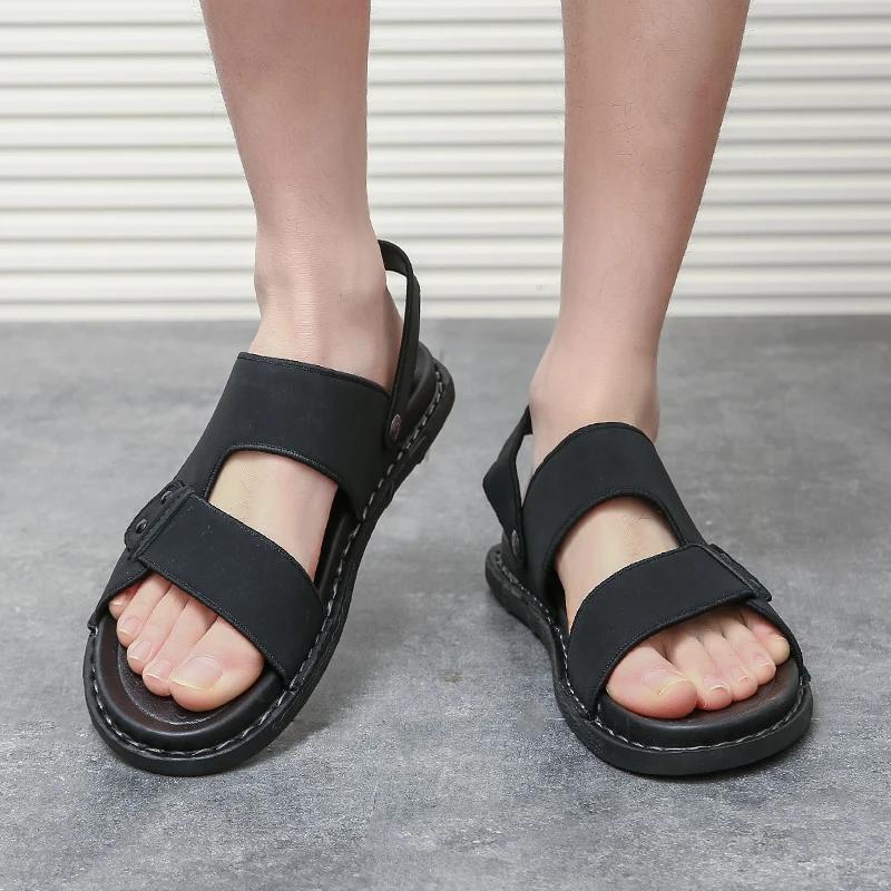 Summer New Style Sandals Casual Men Shoes Slip-On Leather Soft Non-slip Beach Summer Sandals Slippers Flat Walking Shoes