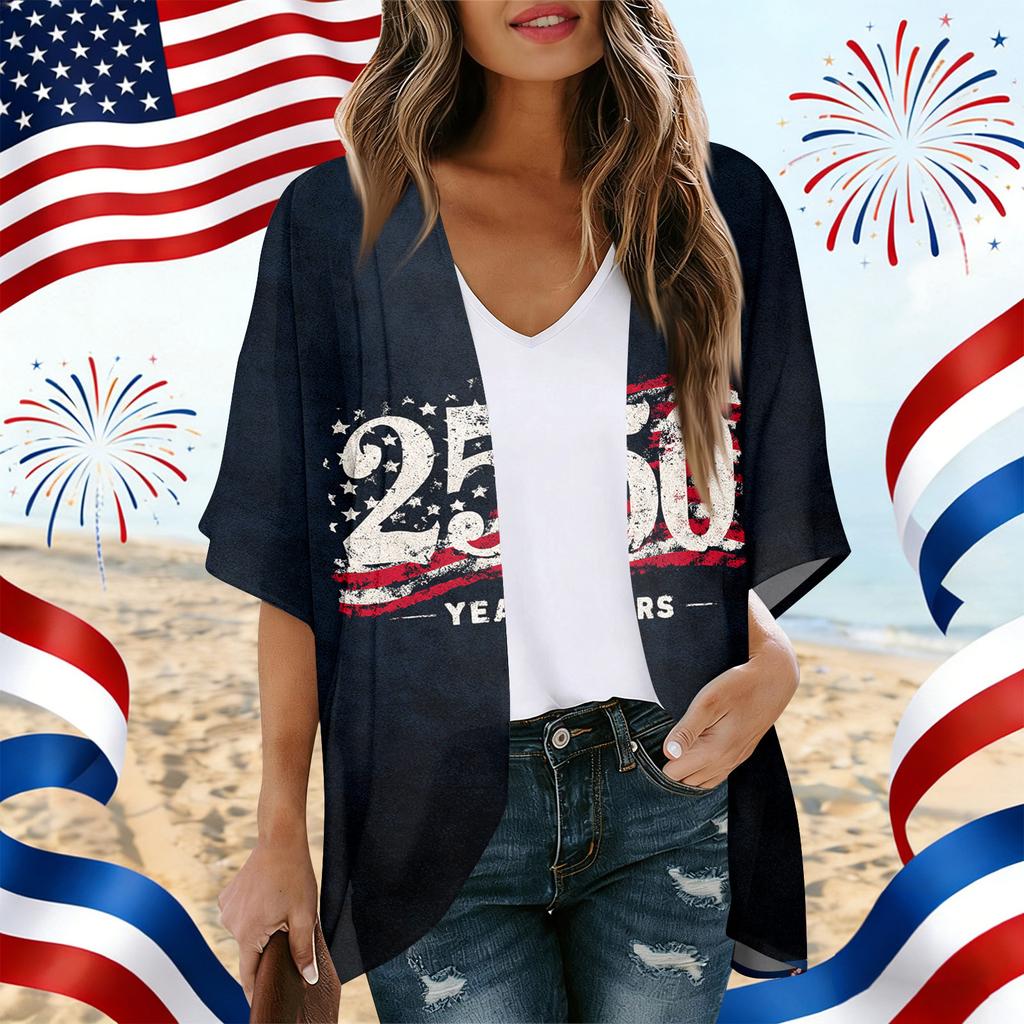 Damen locker geschnittener offener Cardigan mit USA-Unabhängigkeitstag-Print Lässiges Kimono-Stil Hemd Top für die 250-Jahres-Feier