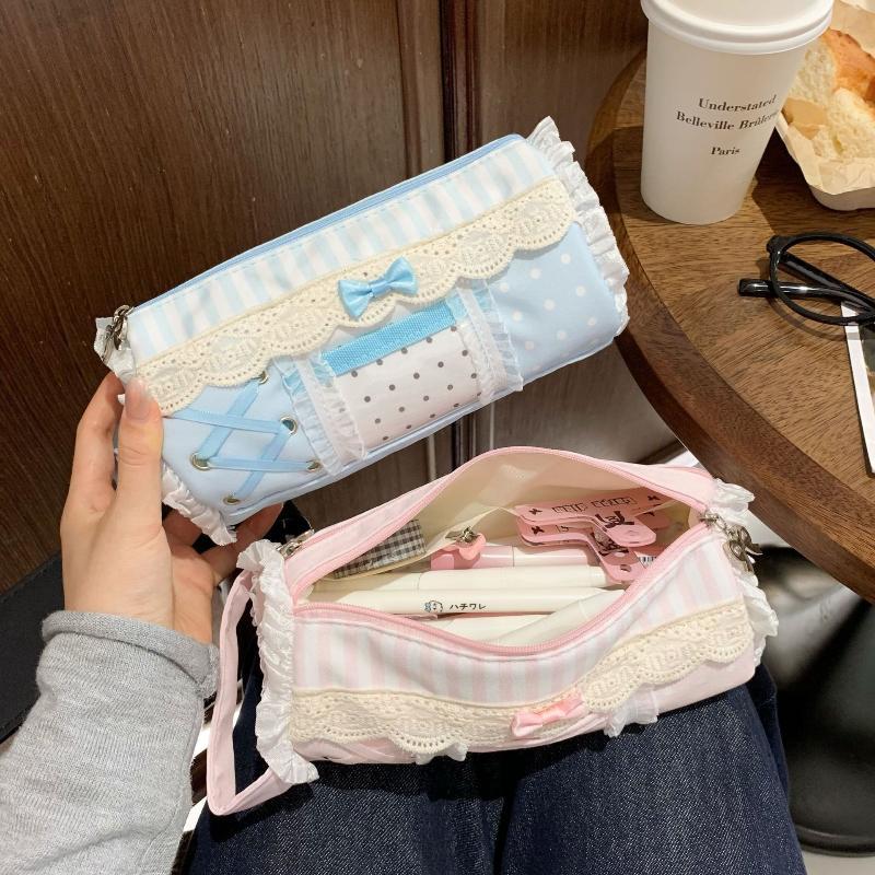 Cute Lace Pencil Case Water Resistant Large Capacity Pen Pouch for Students School Office Desktop Stationery Storage