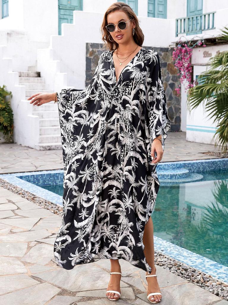 European & American Cotton Print Plus Size Loose Beach Dress Cover-Up for Women