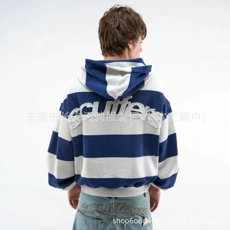 2026 Striped Hooded Zip-Up Sweatshirt With Embroidered Letter Design Loose Fit Unisex Streetwear Fall