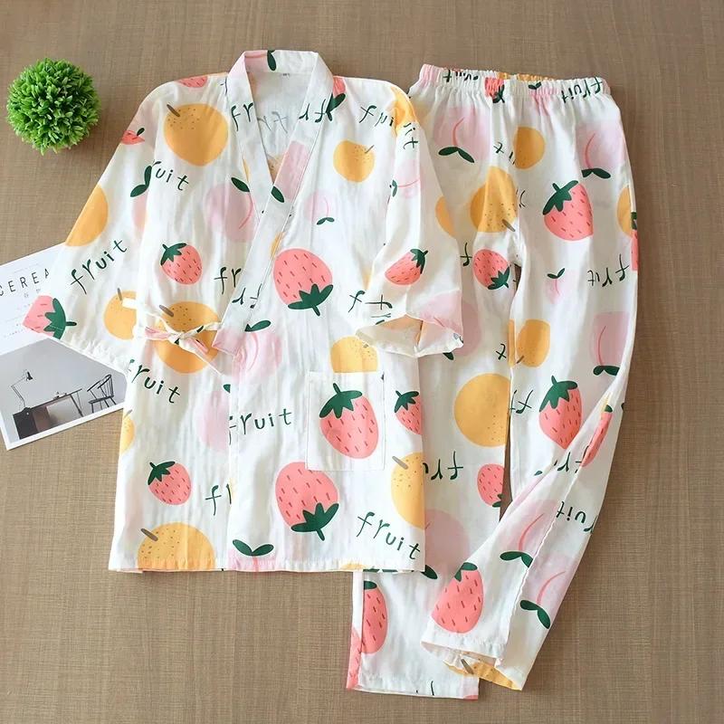 Yedi Kollu Kimono Pijama Seti Kadın İlkbahar ve Sonbahar %100 Pamuk Gazlı Bez Ev Giyim Şirin Tatlı