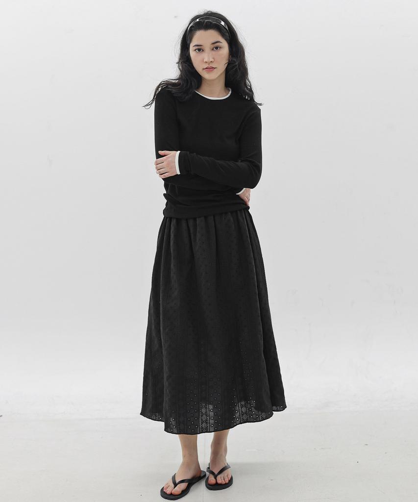 Keullaepeu Cotton Lace Elastic Waist Long Skirt_Black