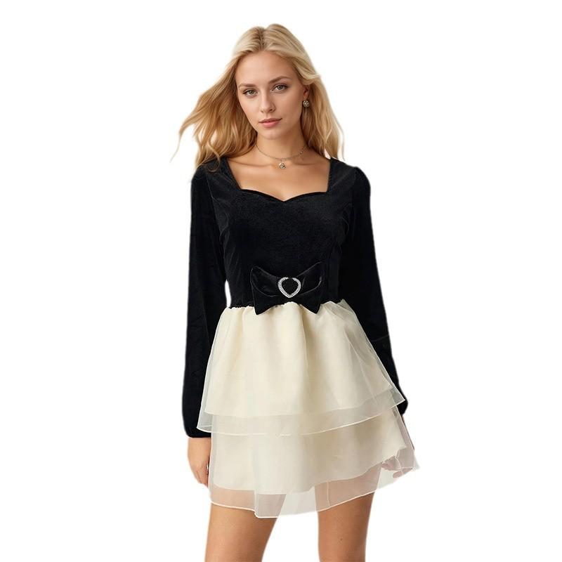 Spring Solid Color Patchwork Long Sleeve Mesh Bow Embellished Dress