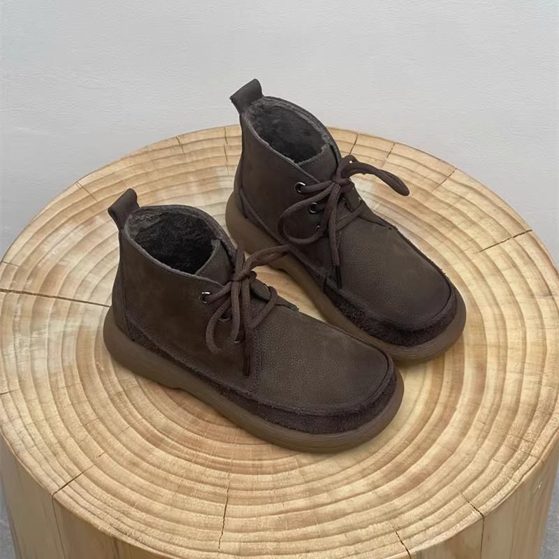 Fashion Women's Genuine Leather Ankle Boots Plush Fur Warm Winter Ladies Flat Shoes British Style Lace-Up Round Toe Women Short Boots