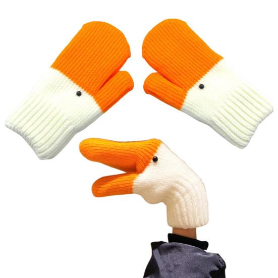 1 Pair Funny Knitted Gloves Goose Design Thickened Plush Lining Warm Gloves Non-Slip Performance Props