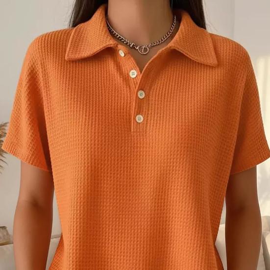 Women Tops Lapel Short Sleeve Buttons Half Placket Shirt Tops Pure Color Waffle Texture Regular Fit Casual Shirt Home Dates Versatile Wear
