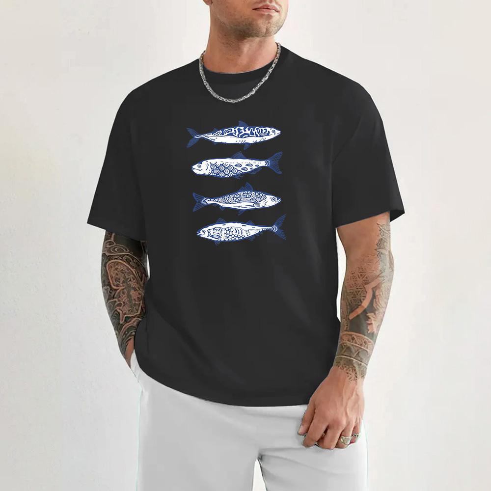 2026 New Fish Pattern Print High Quality 100 Cotton Tshirt with Round Neck Summer Trend Short Sleeves Street Hip Hop Top