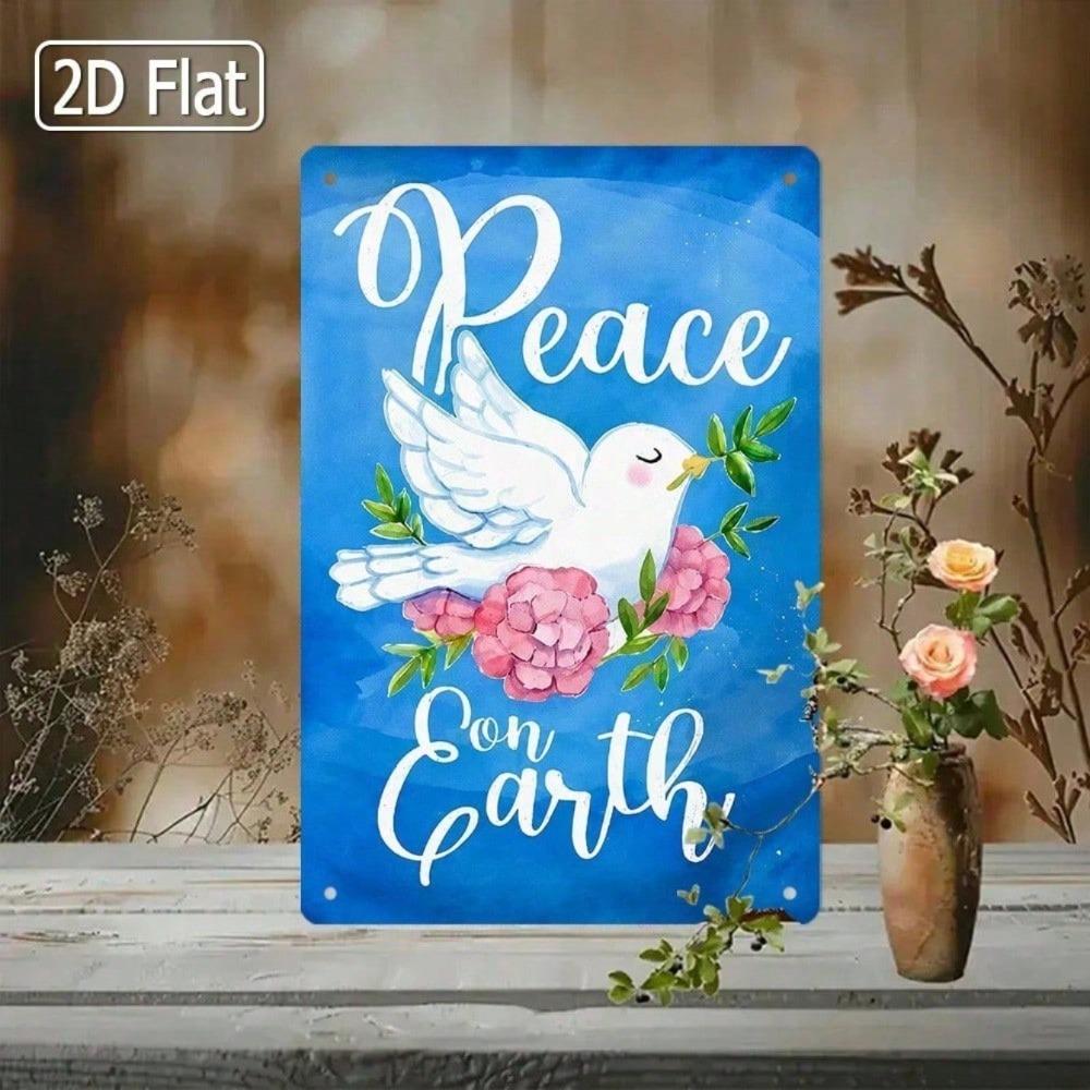 1pc Retro Peace on Earth Dove Roses Tin Sign, Christian Wall Art, 2D Flat Metal Plaque for Home Bar Cafe Decor, 12
