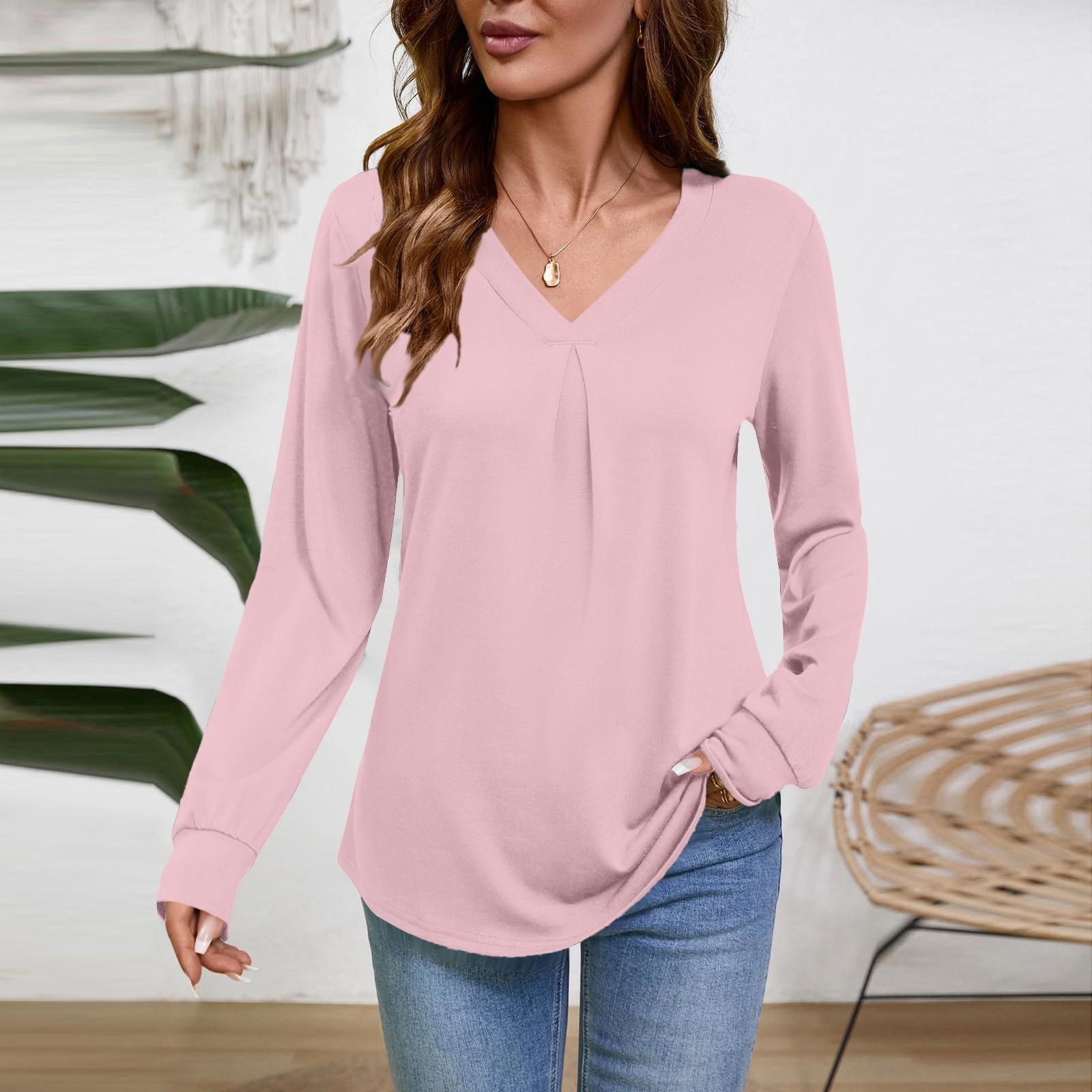 

Женская блузка с длинным рукавом и V-образным вырезом, деловая повседневная туника, топ свободного кроя, рабочая рубашка XL розовый