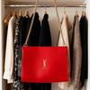 Red leather crossbody bag, with a golden chain shoulder strap, stylish logo shoulder bag