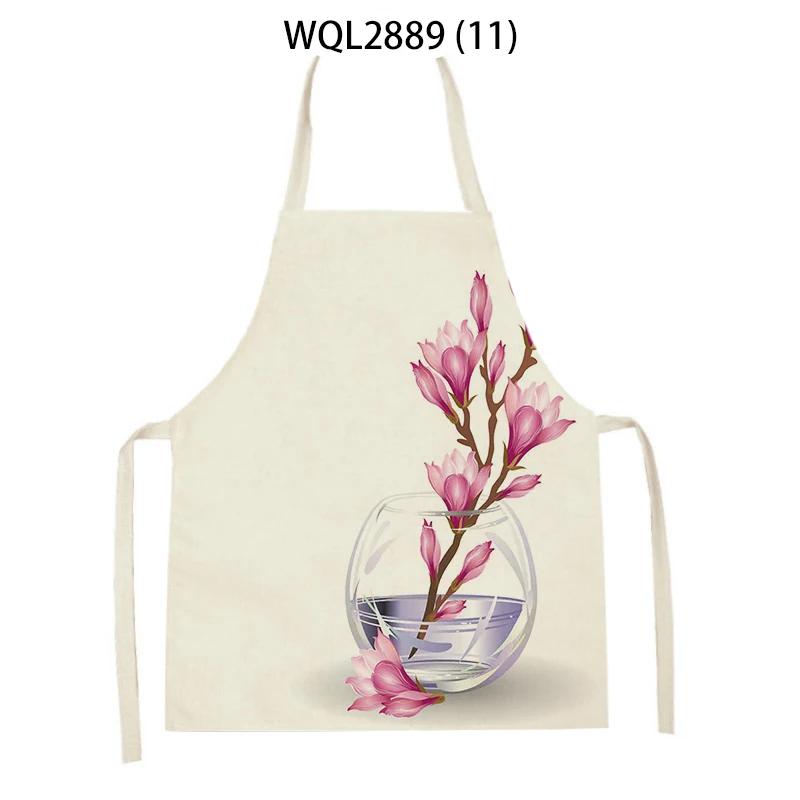 Adult Kids Flower Pattern Cleaning Kitchen Aprons Home Cooking Baking Linen Waist Bibs Vase Flower Art Antifouling Pinafore