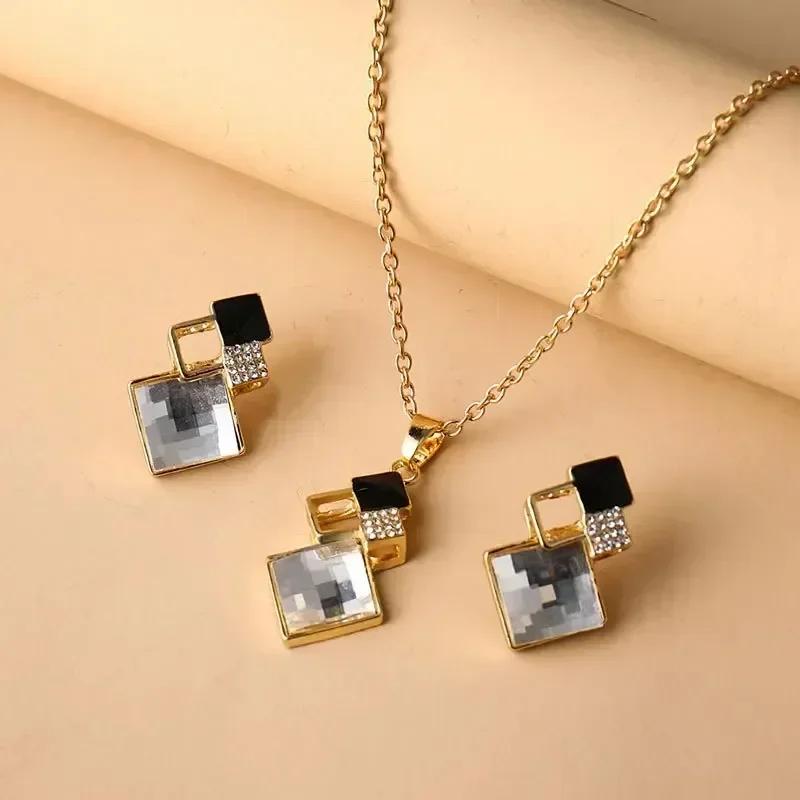 Elegant Fashion Minimalist Square Diamond Inlaid Necklace Earrings Set for Women Collarbone Chain Accessories Creative Gifts