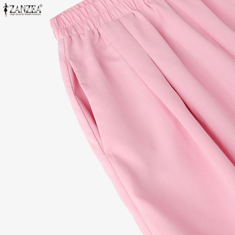 ZANZEA Women Casual Elastic Waist Solid Color Loose Wide Leg Pants
