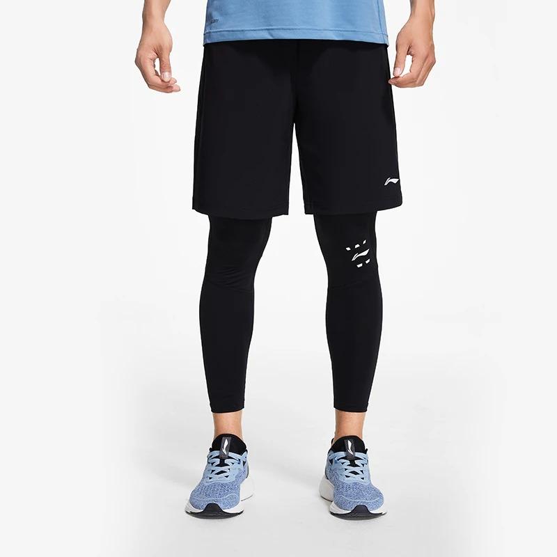 Li Ning Fitness Series Logo Print Compression Workout Pants Men Pants Black AULT493-1