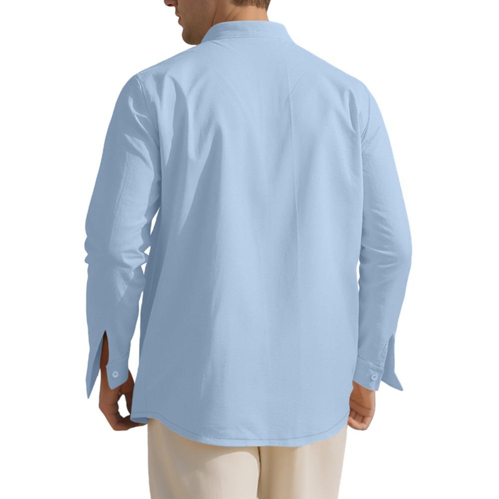 Pánské bavlněné lněné tričko s dlouhým rukávem Tenký volný top Retro Vintage Módní městské oblečení Stojatý střih Mládežnická velikost