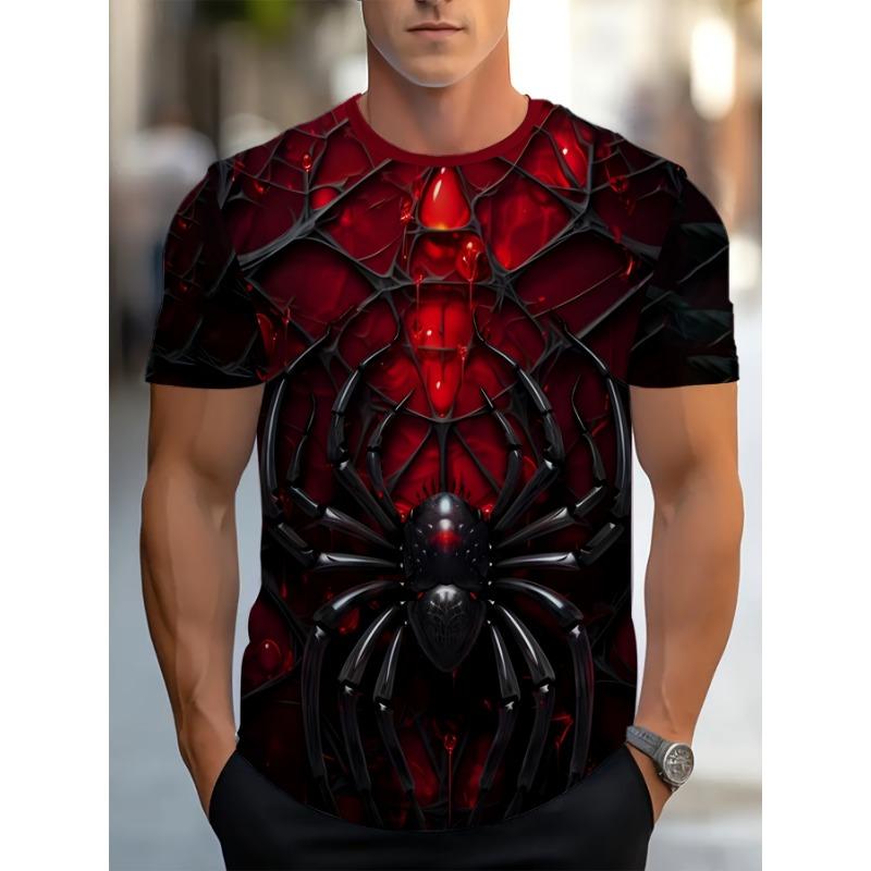 Men's 3D Black Spider Printed T-Shirt Casual Short Sleeve Crewneck Top Cool Spooky Blood Cobweb Graphic Tee Gothic Punk Style Summer Streetwear