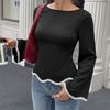 Women Lace Trim Patchwork Lace Up A Line Long Sleeve Commute Blouse For Ladies