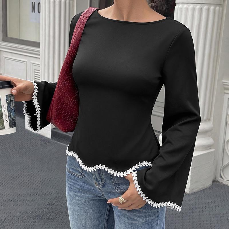 Women Lace Trim Patchwork Lace Up A Line Long Sleeve Commute Blouse For Ladies