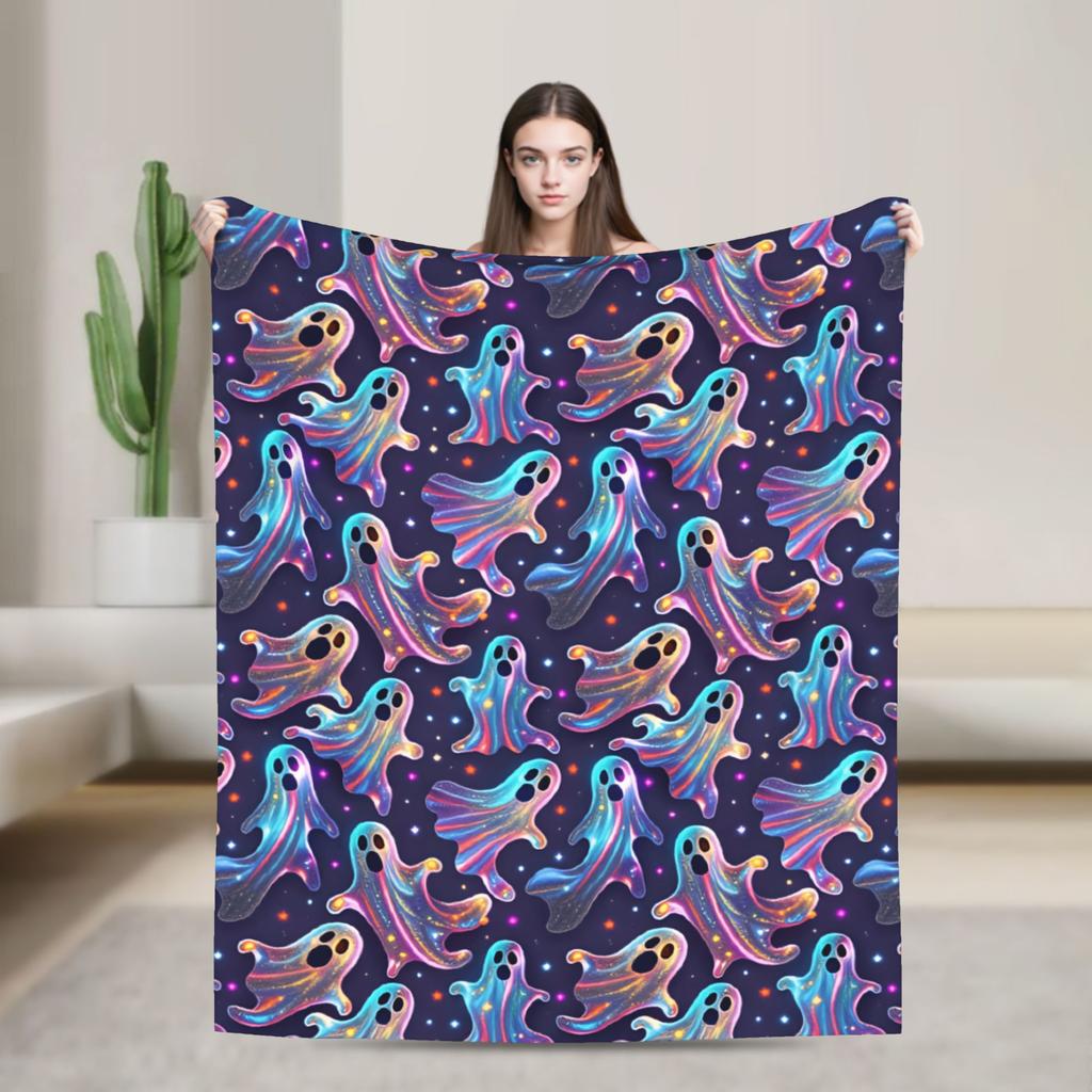Neon Gradient Ghost Halloween Seamless Pattern Dark Purple Blanket Winter  Comfortable Throw Blanket Adults Bedspread Bed Cover