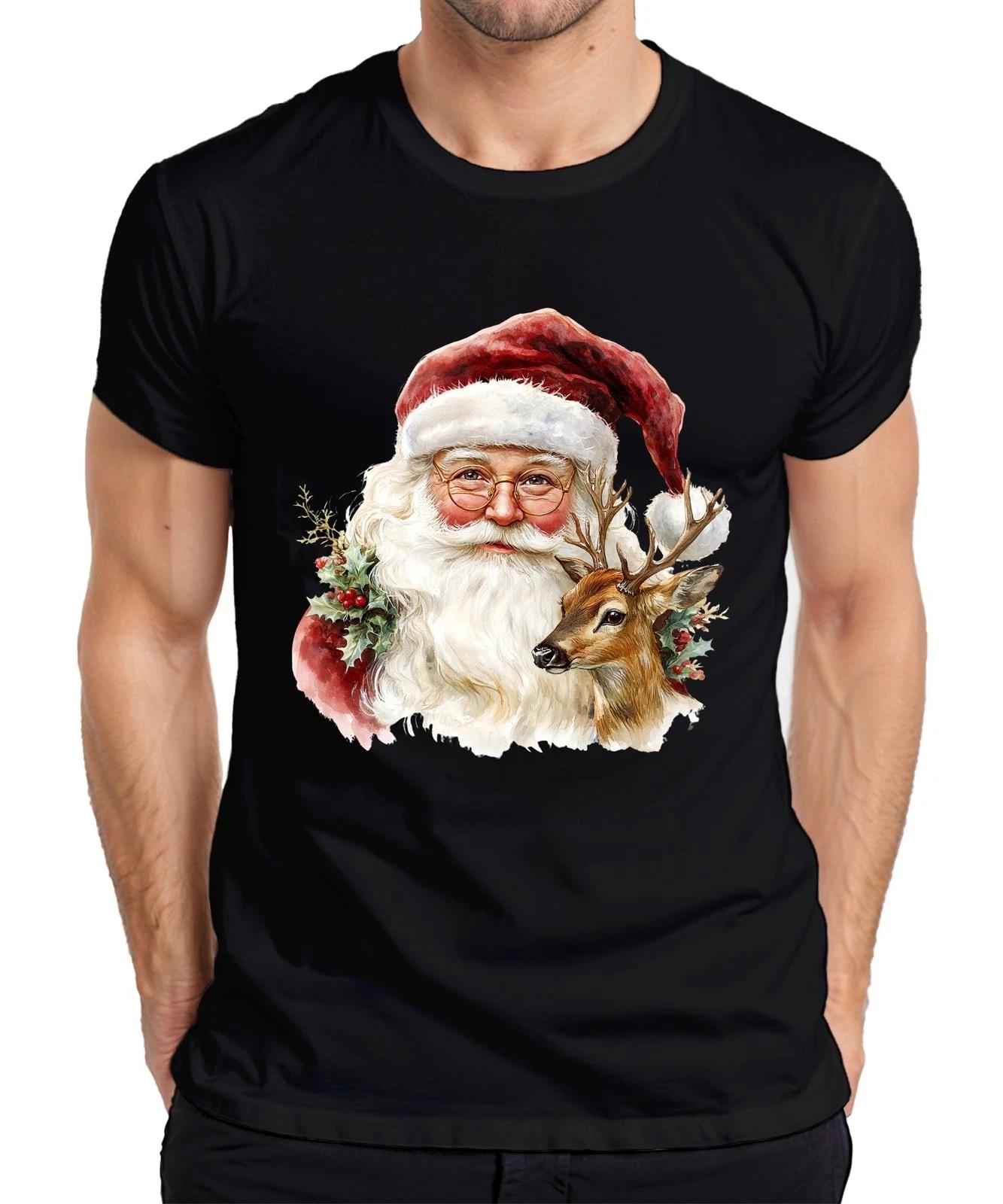 Santa Claus Reindeer Watercolour Vintage Gift Christmas Mens T-Shirt- 2XL
