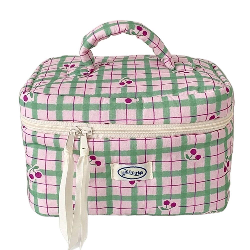 

Fashion Cherry Makeup Bag Large Capacity Plaid Makeup Storage Bag Girly Heart Portable Toiletry Bag Girls зелёный