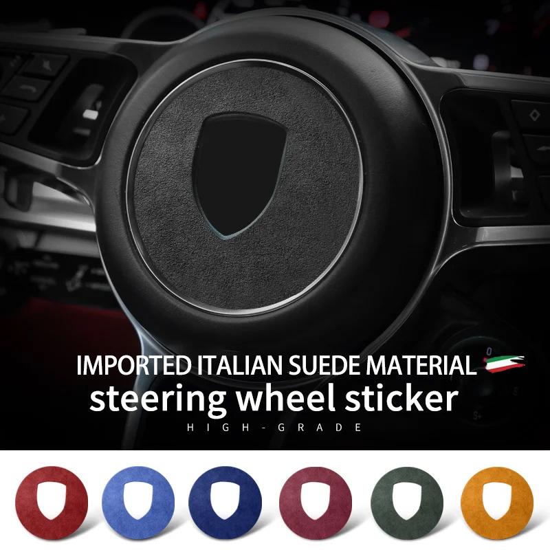 Top Suede Car Styling Steering Wheel Center Label Sticker Decals For Porsche Panamera Macan Cayenne 718 911 Interior Accessories
