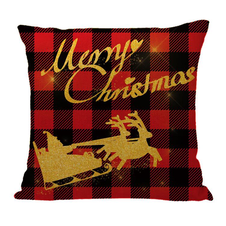 Red Plaid Sofa Linen Christmas Pillow Cover Reindeer Snowflake Home Cushion Cover