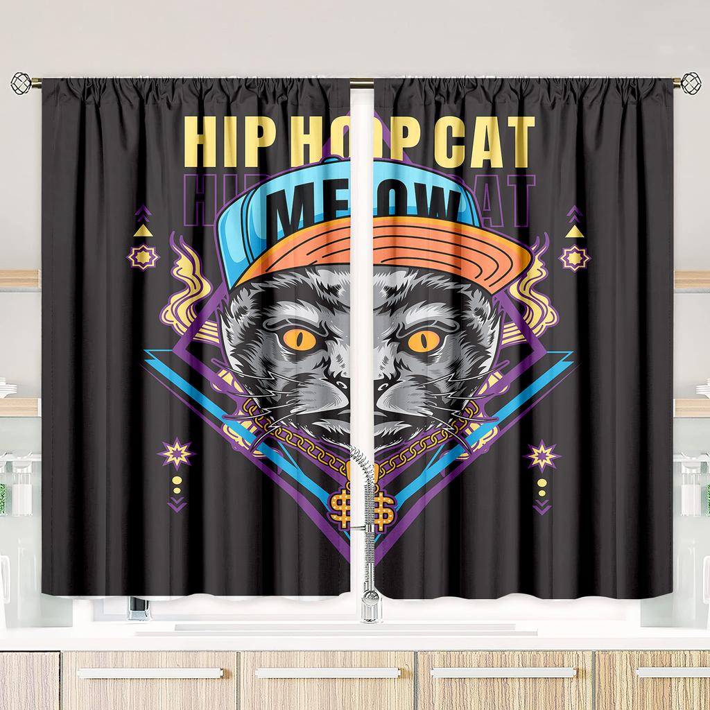 2 Pieces of Hip Hop Cool Trend Cat Printing Curtain - Polyester Material - Suitable for Bedroom Living Room Study Room Priva