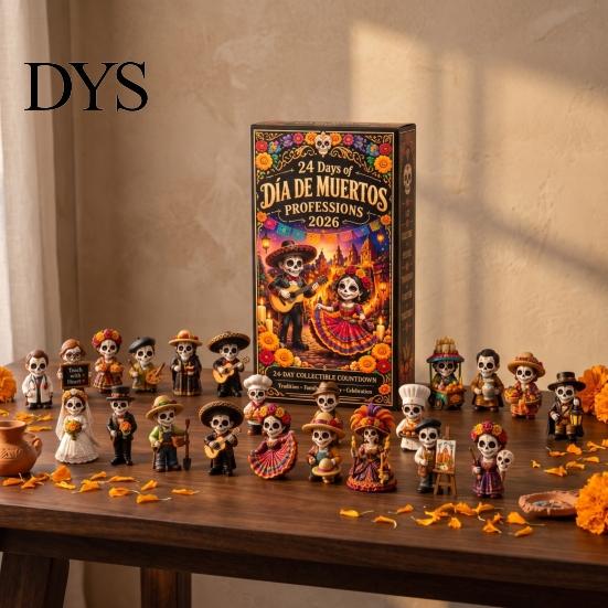 Family Keepsake Gift for Holiday Day of The Dead Advent Calendar, 24-Day Countdown Miniature Village Birthday Boys Girls Set, Collectible Figures