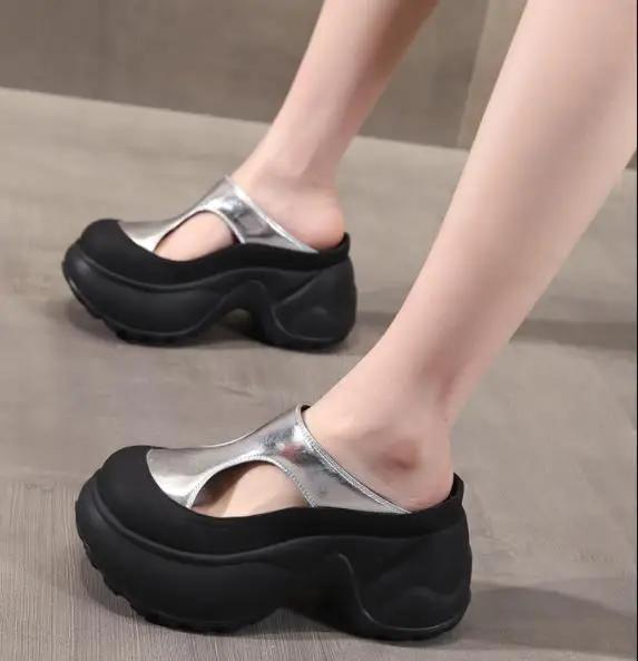 Fashion 9CM Synthetic Microfiber Leather Women Sandals Summer Hollow Bling Vulcanize Slipper Platform Wedge Flats Chunky Sneakers Shoes