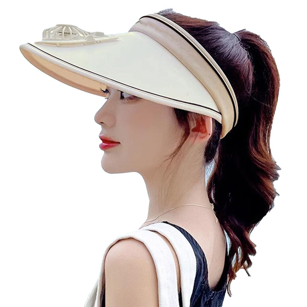 Klobouky se sluneční clonou s ventilátorem Velkoplošné sluneční clony pro ženy Děti Nastavitelný USB dobíjecí klobouk s ventilátorem Béžový