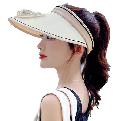 Sun Visor Hats with Fan Large Area Sun Protection Visors for Women Kids Adjustable USB Rechargeable Fan Visor Hat Beige