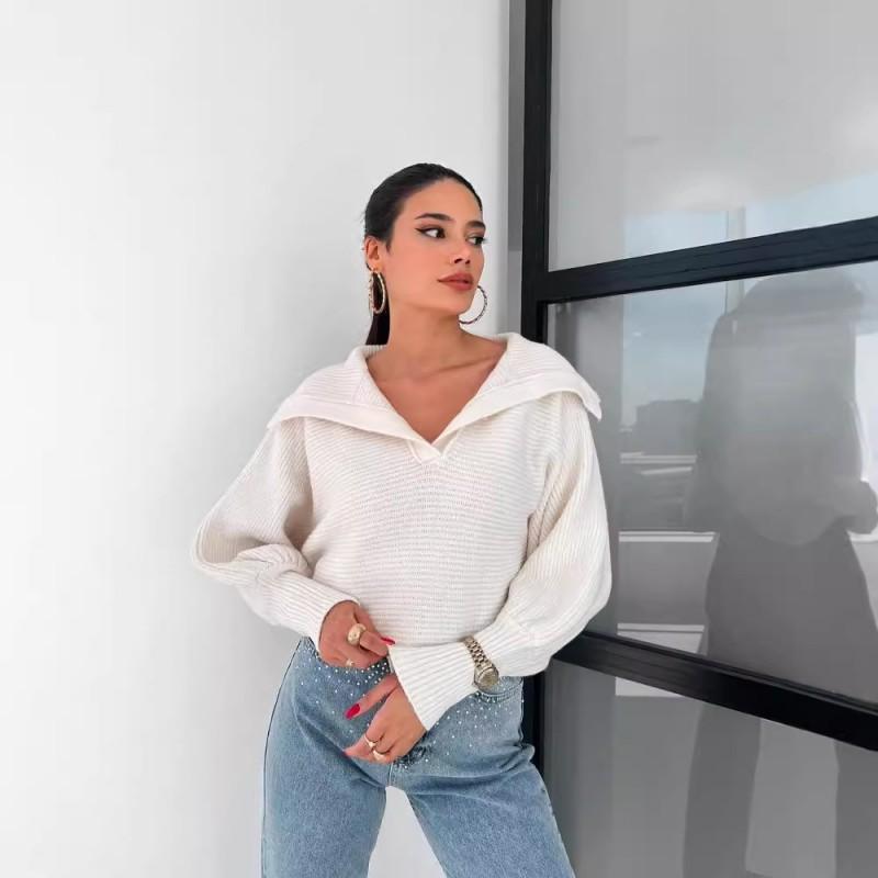 Womens Fall Winter Loose Lantern Sleeve Collared Pullover Short Sweater