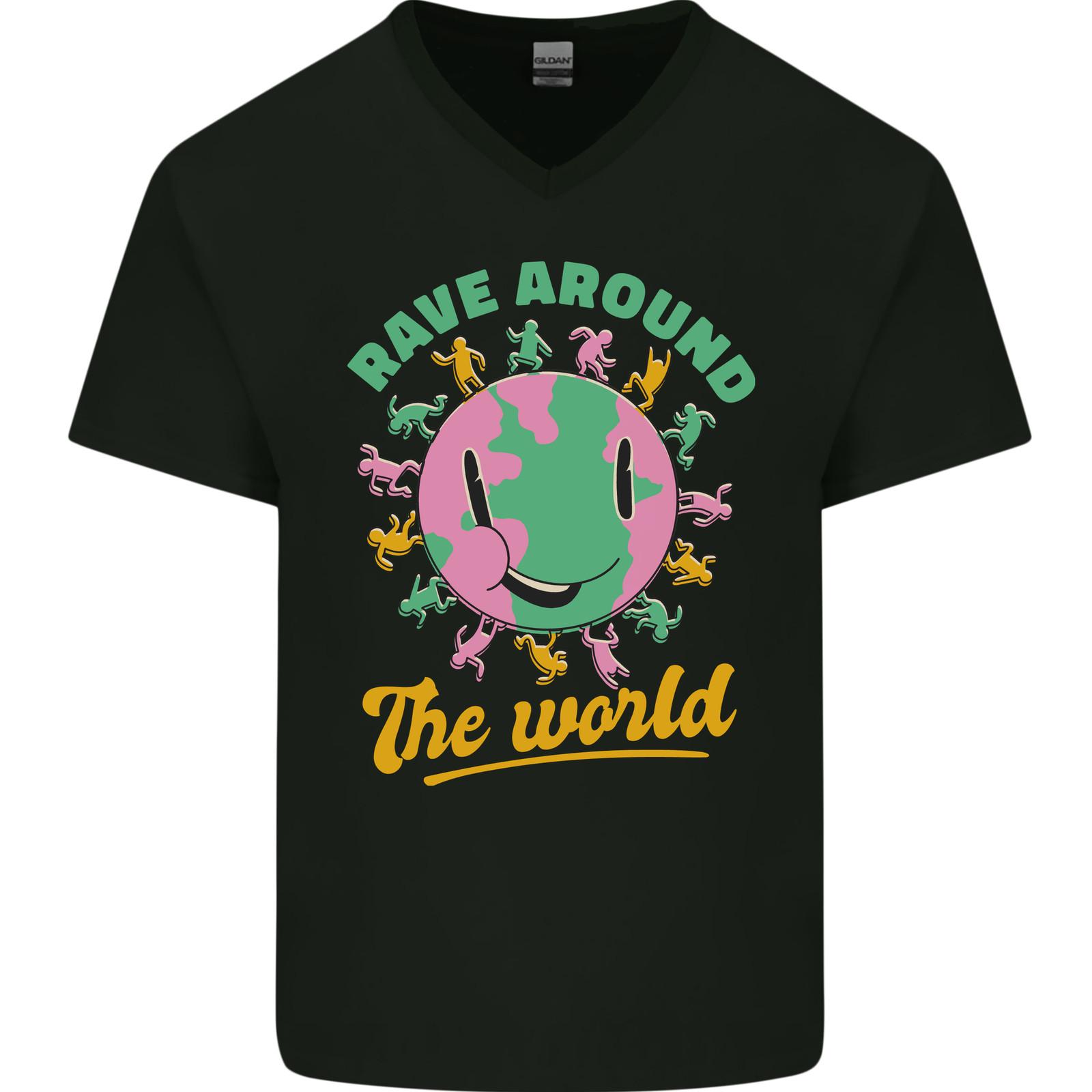 Rave Around the World Dance Music Raver Acid Mens VNeck Cotton T-shirt XXL