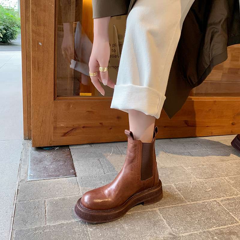 Krazing Pot Cow Leather Autumn Winter Shoes Round Toe Med Heels Slip On Concise Style Women Ankle Boots