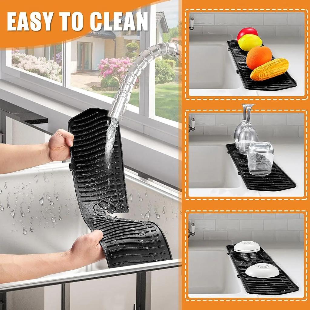Large Sink Splash Guard 30 Inch Silicone Faucet Handle Drip Catcher Tray Longer Silicone Sink Mat for Kitchen Bathroom
