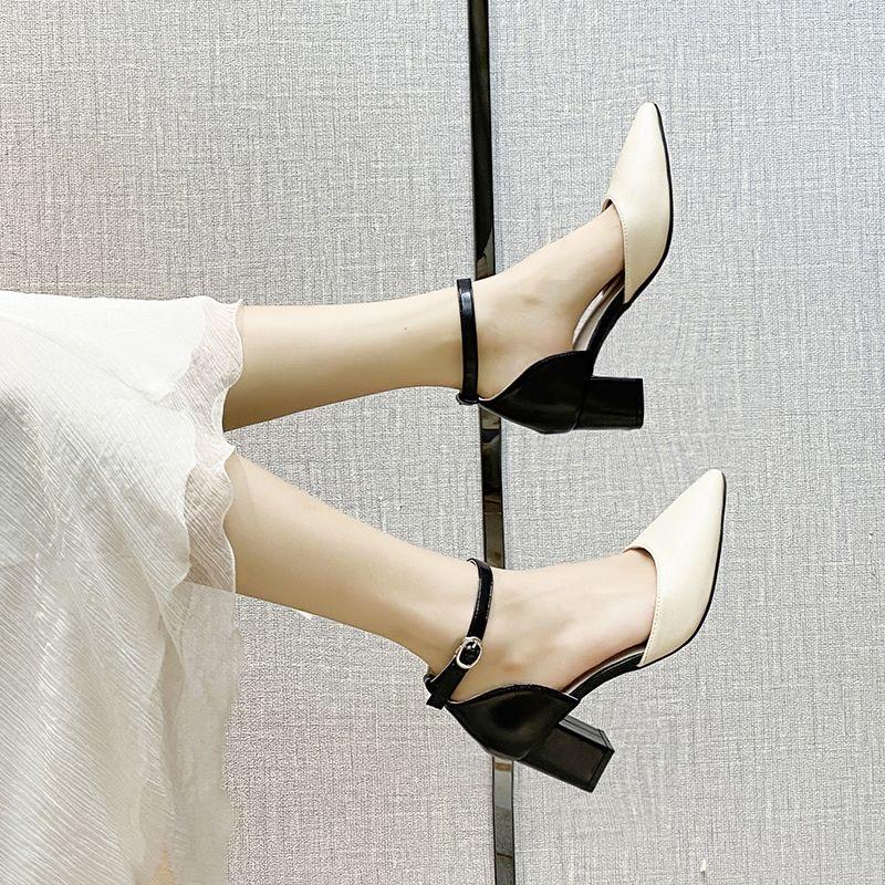 Baotou Fashion Sandals for Women 2025 New Spring and Autumn Collection Simple Middle Heel Coarse Follow Shoes Pointed High Heels