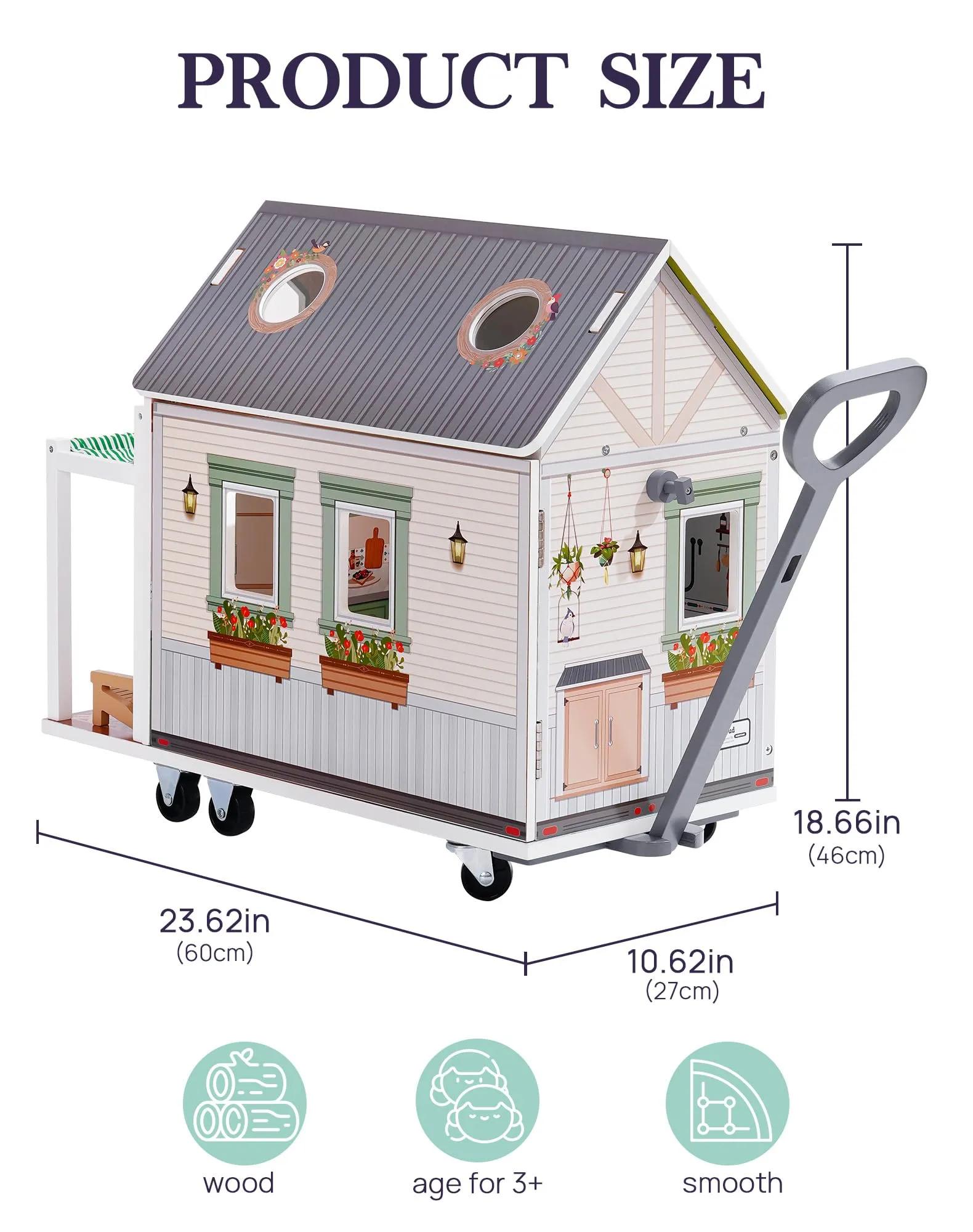 

Robud Wooden Dollhouse with Wheels Pretend Play RV Set Dollhouse Moveable with 10+Pcs Furniture Accessories Gift for Kids