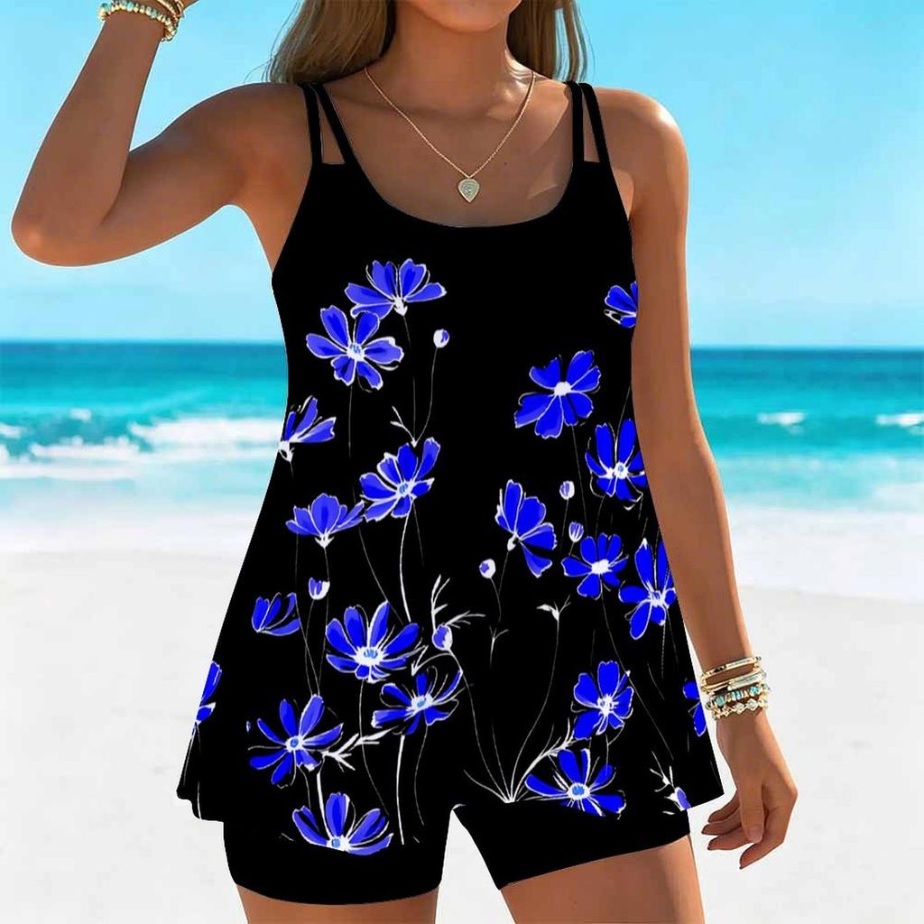 Damen Tankini Badeanzug 2-teilig Aquarell Blumenfragmente Pflanzenprint Urlaubs Badeanzüge