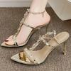 Fashion Luxury Rhinestone Women Sandals Fashion Pointed Toe Open Toe Chain Buckle Roman Shoes High Quality Elegant Thin Heel Dress Shoes