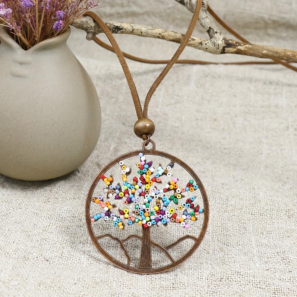1Pcs Boho Women Necklace Pendent Necklace Geometric Shape Colorful Tree Of Life Beads Design Party Decor Gifts