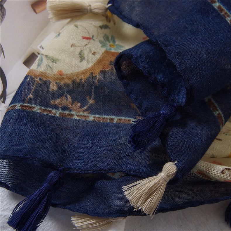 Japanese Cotton Linen Floral Color Block Scarf & Shawl - Spring/Summer