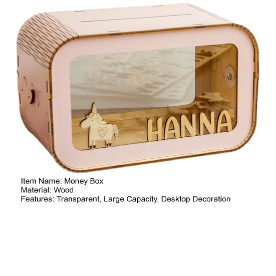 Transparent Wooden Money Box Large Capacity Piggy Bank Coin Cash Container