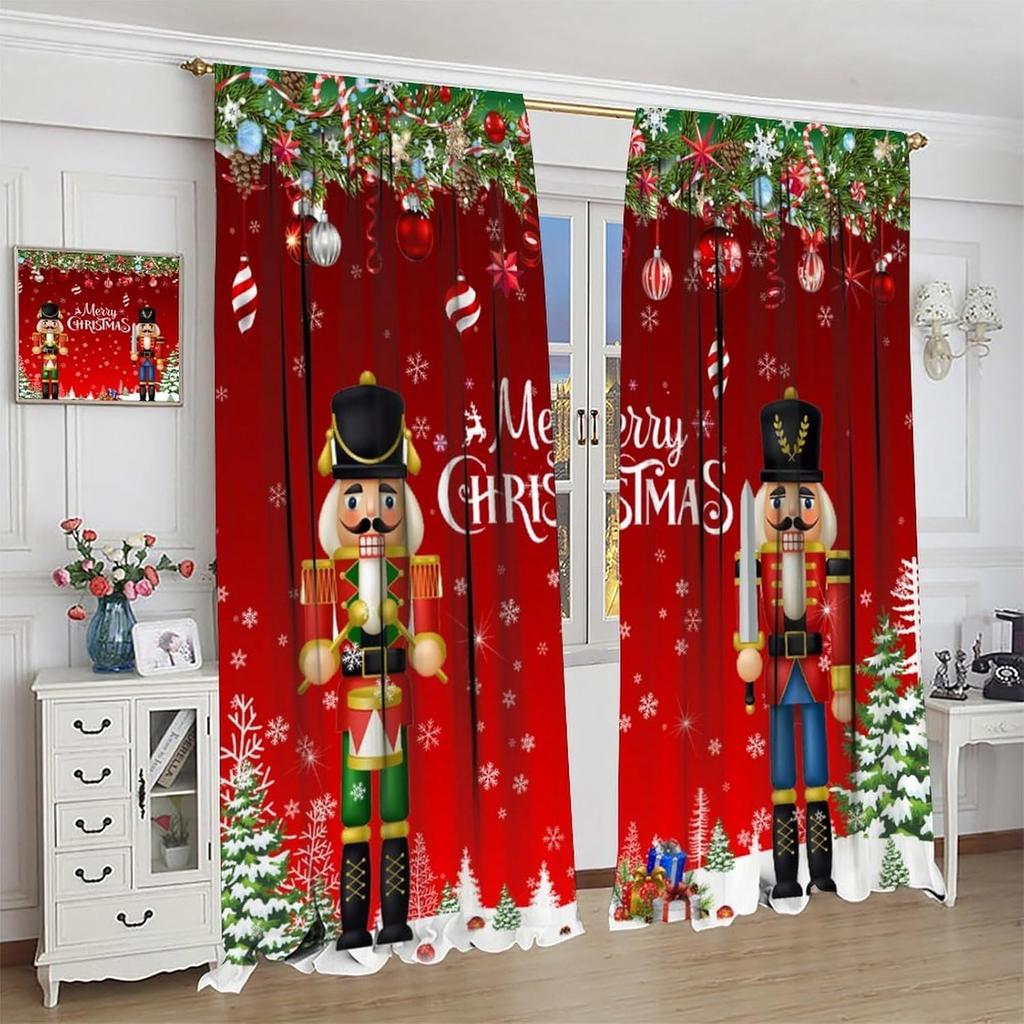 Kids Christmas Nutcracker Curtain Soldier Model Merry Xmas Window Treatments For Bedroom Living Room Snowflakes Winter Reddrapes