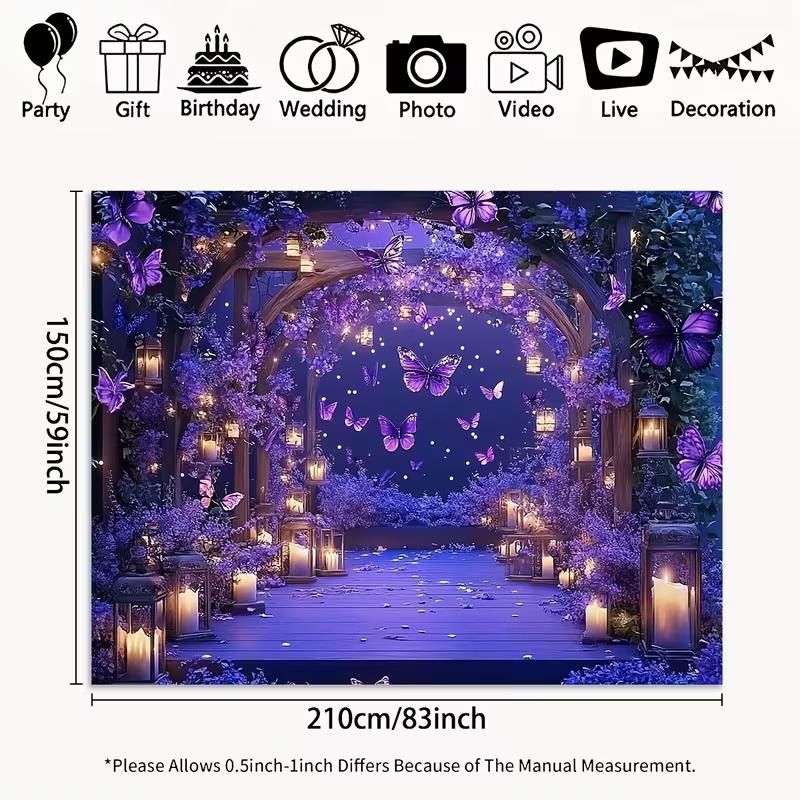 2D Purple Floral Arch Backdrop with Lanterns & Butterflies for Wedding Ceremony
