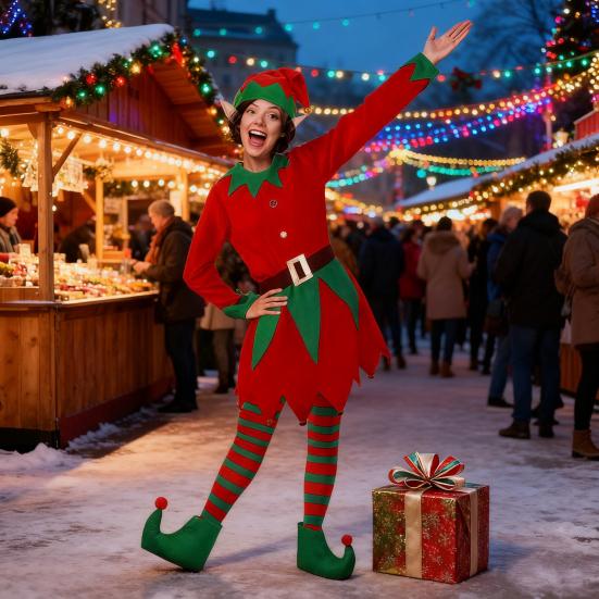 1 Set Christmas Elf Costume Kids Women Elf Outfit Red Green Dress Hat Striped Stockings Elf Ears Shoes Belt Set for Girls Christmas Parties Cosplay