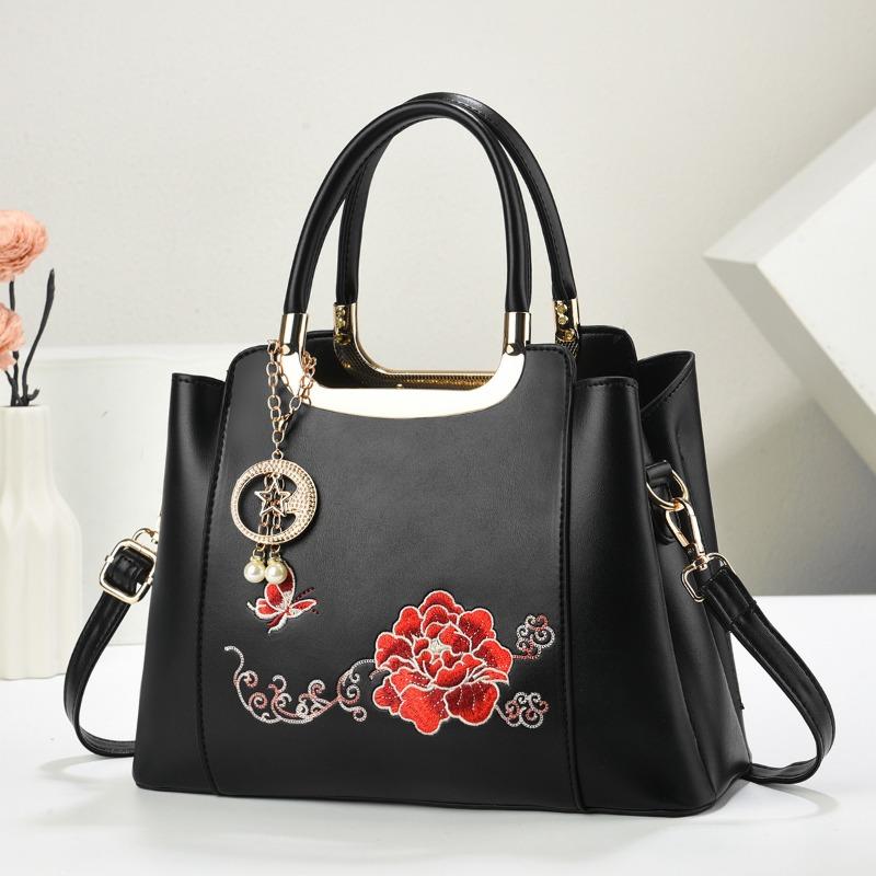 Fashionable Embroidered Crossbody Bag New Women's Single Shoulder Handbag for Middle-Aged Women Durable PU Leather Bags