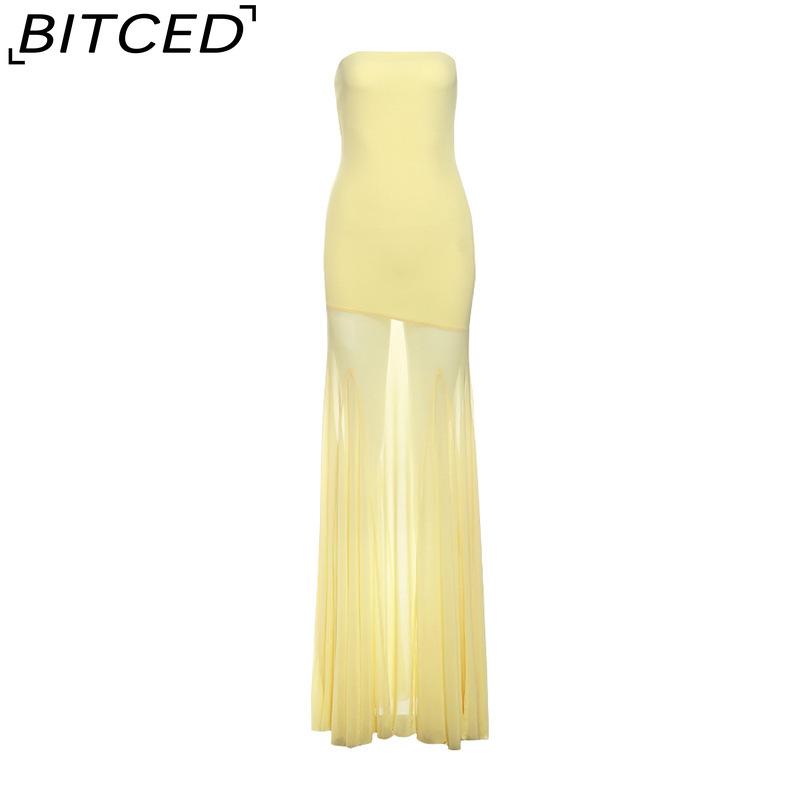 

BITCED Spring Women s Solid-Color Slim-Fit High-Waisted Fashion Off-the-Shoulder Strapless Dress L жовтий