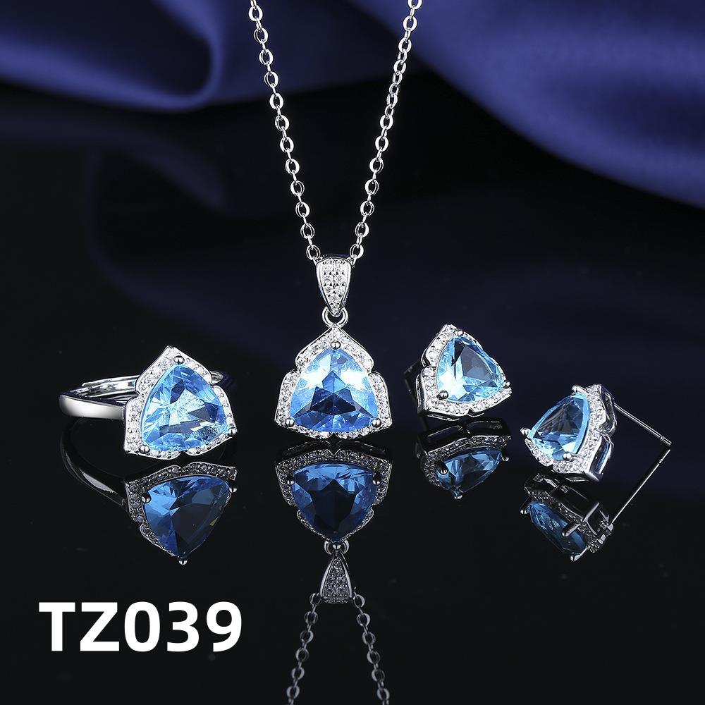 Sterling Silver Jewelry Set Shiny Blue Zircon Zircon Women Necklace Earrings Ring Birthday Party Jewelry Set Gift